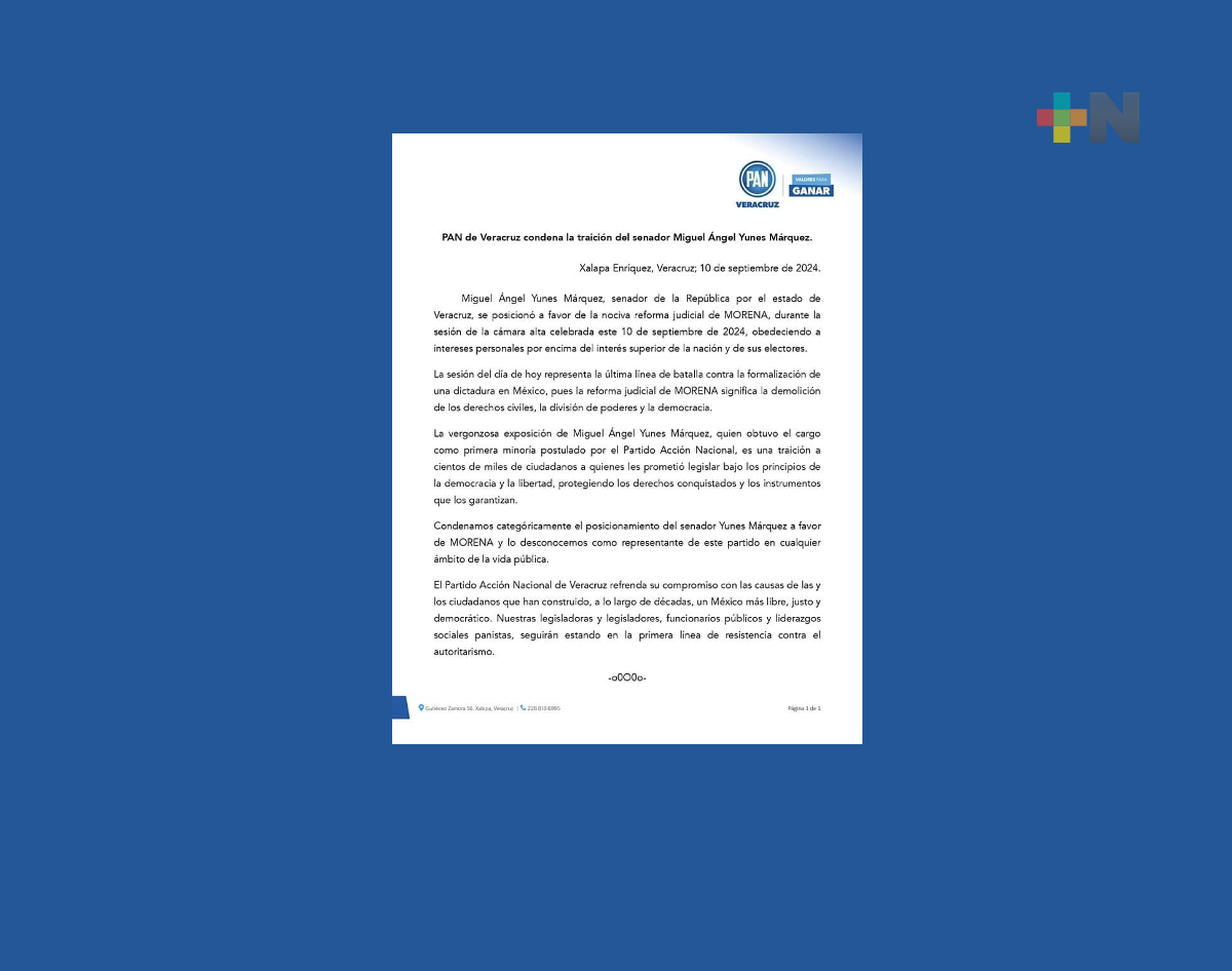 Condena PAN de Veracruz la traición del senador Miguel Ángel Yunes Márquez